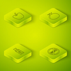 Set Isometric line Tomato, Organic cosmetic, No GMO and Apple icon. Vector