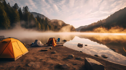 breathtaking view of a lakeside campsite at dawn, with mist gently rising from the water's surface.