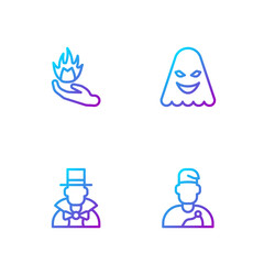 Set line Wizard warlock, Magician, Hand holding fire and Ghost. Gradient color icons. Vector