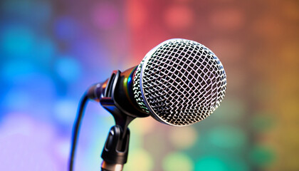 A classic musical microphone on blur colorful background
