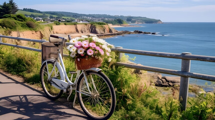 A charming bicycle ride along a scenic coastal path, with the azure ocean stretching out on one side and vibrant, blooming flowers adorning the other