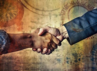 Close up of two businessmen shaking hands in blurred office with computer and contract on table. Concept of partnership and communication Created with Generative AI technology.