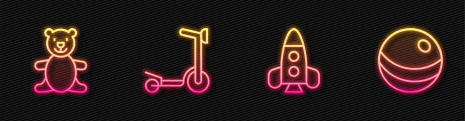 Set line Rocket ship toy, Teddy bear plush, Roller scooter and Beach ball. Glowing neon icon. Vector