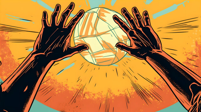close-up of two athletes playing beach volleyball, their hands reaching high in the air to hit the ball