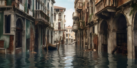 Fototapeta na wymiar A coastal city engulfed by rising sea levels, with submerged buildings