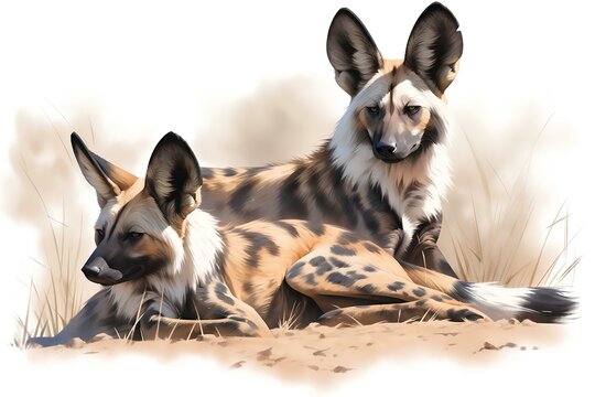 A pair of Lycaons resting on an African meadow , Stunning delicate and beautiful watercolored pencil animal art. generative AI 