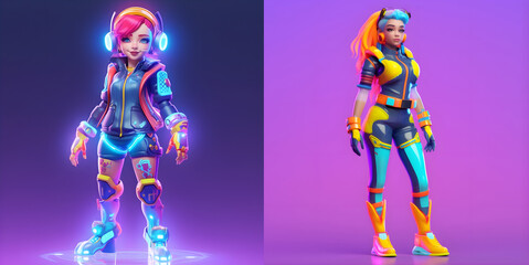 3D cartoon metaverse set. Character in vibrant neon colors, a cyberpunk vibe. Front view. Charm and a touch of futuristic flair. Generative ai.