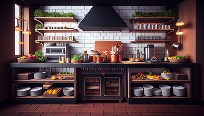 Illustration of professional restaurant or hotel kitchen interior with different utensils and furniture. Indoor background Ai generated image