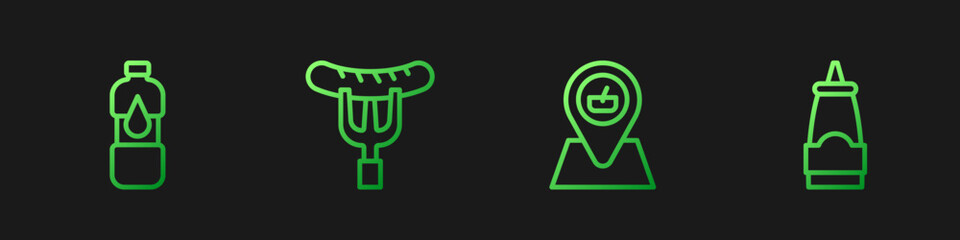 Set line Picnic location, Bottle of water, Sausage the fork and Sauce bottle. Gradient color icons. Vector
