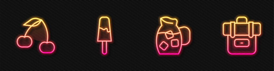 Set line Jug glass with water, Cherry, Ice cream and Hiking backpack. Glowing neon icon. Vector