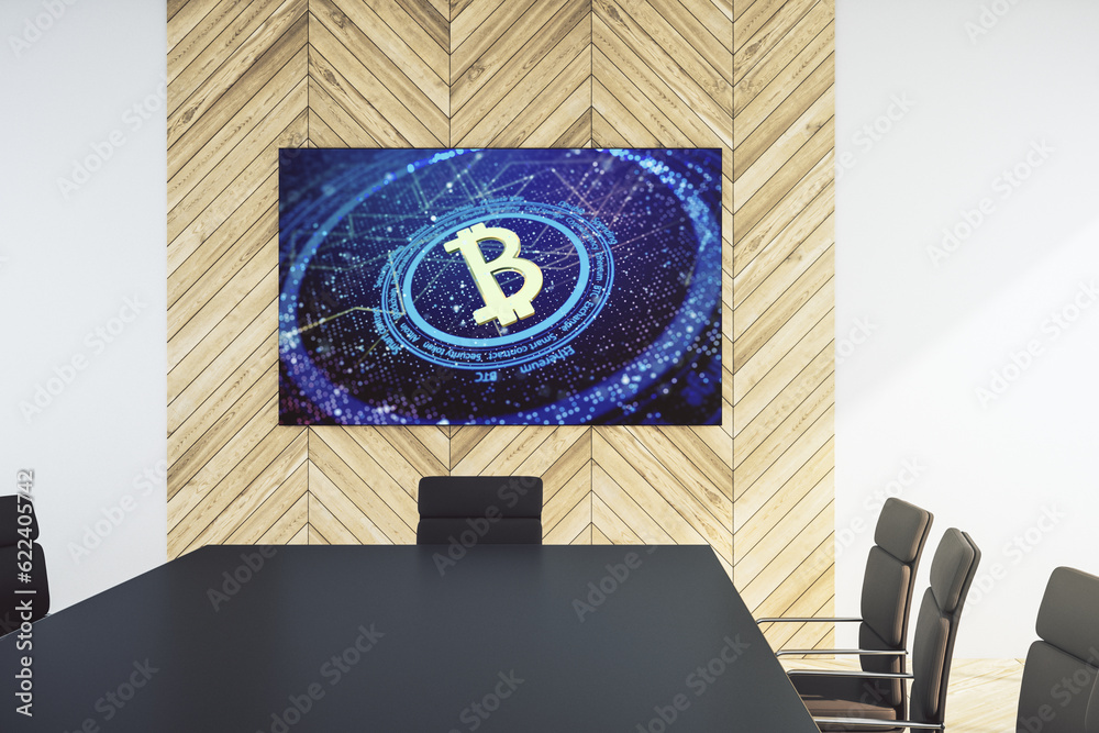 Poster creative bitcoin symbol on presentation tv screen in a modern meeting room. cryptocurrency concept. 