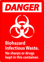 Danger Label Biohazard Infectious Waste, No Sharps Or Drugs Kept In This Container