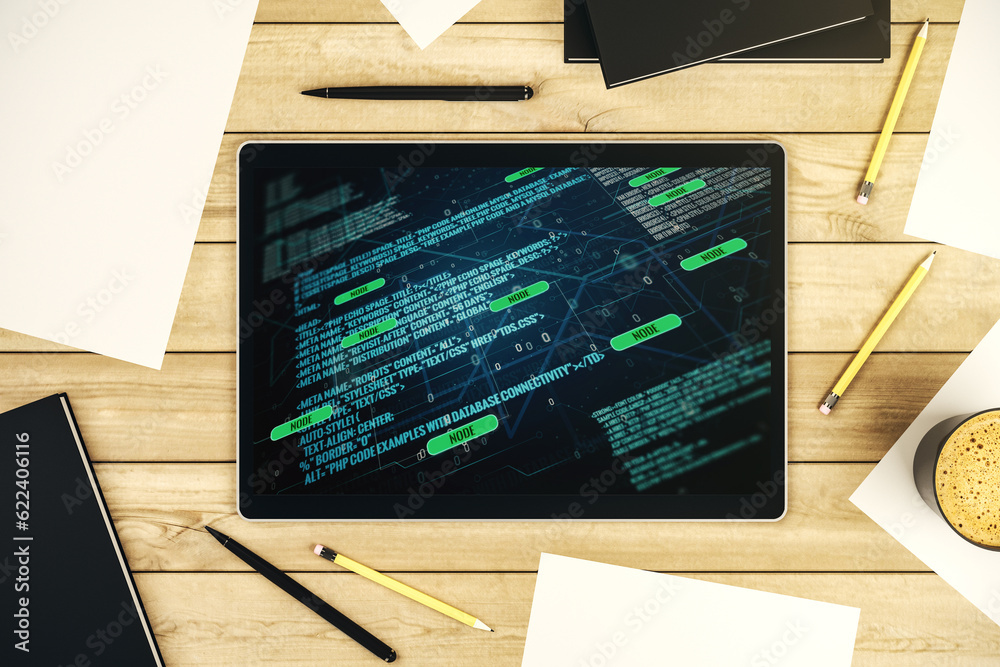 Poster modern digital tablet monitor with abstract creative coding sketch, artificial intelligence and neur