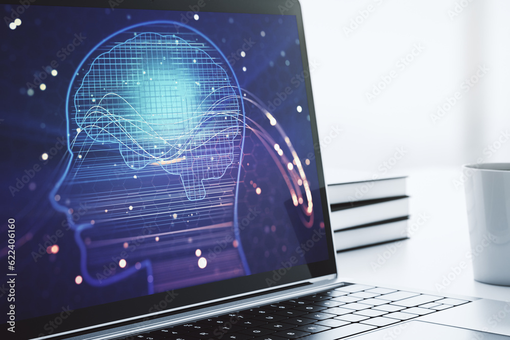 Leinwandbilder Modern computer monitor with creative artificial Intelligence symbol. Neural networks and machine learning concept. 3D Rendering