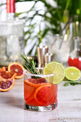 Red Sicilian Orange Paloma Cocktail of tequila, fresh lime and rosemary with red Sicilian orange juice. This cocktail is full of bright citrus aromas and herbs. Indulge your palate with an excellent d