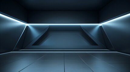 Empty geometrical Room in Steel Blue Colors with beautiful Lighting. Futuristic Background for Product Presentation.