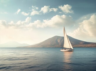 Sailing boat in the sea against the backdrop of mountains. Created with Generative AI technology.