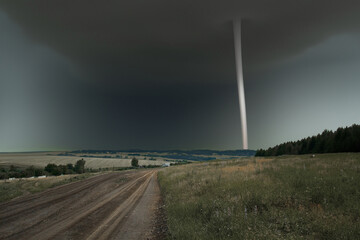 Rural landscape with tornado beyond.