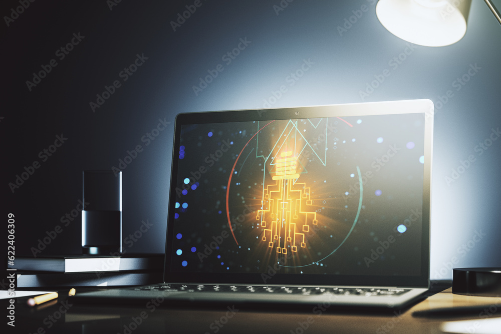 Poster Creative idea concept with light bulb and microcircuit illustration on modern laptop screen. Neural networks and machine learning concept. 3D Rendering