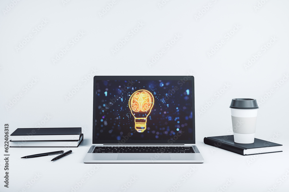 Poster creative light bulb illustration with human brain on modern computer monitor, future technology conc