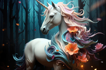 A white unicorn with a long mane in a forest. Generative AI.