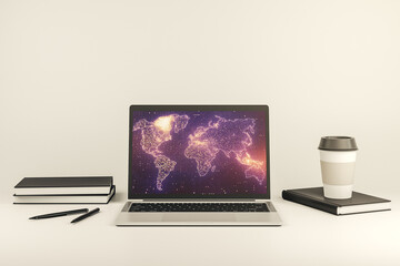 Computer monitor with abstract creative digital world map, globalization concept. 3D Rendering