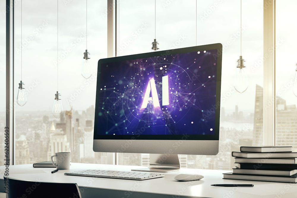 Poster creative artificial intelligence symbol concept on modern laptop screen. 3d rendering
