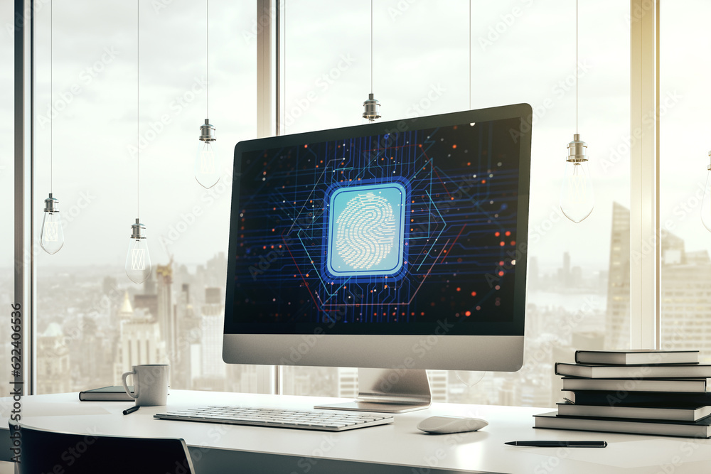 Poster Abstract creative fingerprint illustration on modern laptop monitor, digital access concept. 3D Rendering