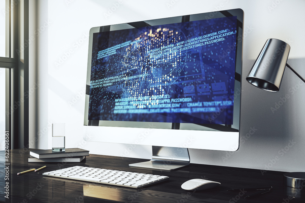 Poster Modern computer monitor with creative code skull hologram. Malware and cyber crime concept. 3D Rendering