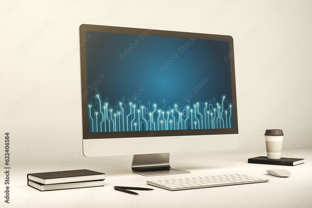 Poster Creative abstract micro circuit sketch on modern laptop monitor, future technology and AI concept. 3D Rendering