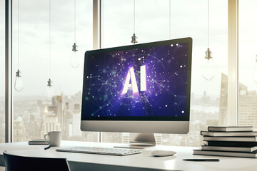 Creative artificial Intelligence symbol concept on modern laptop screen. 3D Rendering
