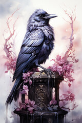 A painting of a crow sitting on top of a clock. Generative AI. Halloween magpie, gothic style.