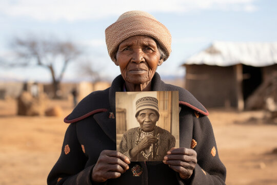 Elderly black woman holds an old photograph in her hands with an image of young woman. Pleasant memories of youth, concept of passing life. Created with Generative AI