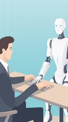 Obraz premium Man human sitting with robot behind the table, shaking hands, on job interview or negotiations with artificial intelligence. Cooperation, collaboration or partnership between human and robot concept.