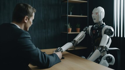Man human sitting with robot behind the table, shaking hands, on job interview or negotiations with artificial intelligence. Cooperation, collaboration or partnership between human and robot concept.