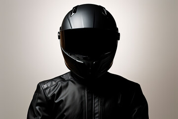 a motorcycle rider posing with a black helmet on a white background