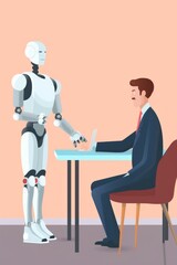 Obraz premium Man human sitting with robot behind the table, shaking hands, on job interview or negotiations with artificial intelligence. Cooperation, collaboration or partnership between human and robot concept.