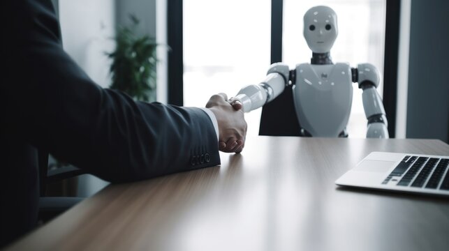 Man human sitting with robot behind the table, shaking hands, on job interview or negotiations with artificial intelligence. Cooperation, collaboration or partnership between human and robot concept.