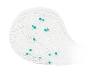 Smear, clear gel with blue granules, serum clear on a white background