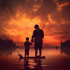 Man and young boy on a cottage dock by the lake hold fishing rods at sunset