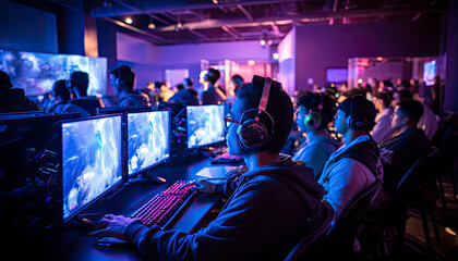 Online network computer eSports video game competition gamers in front of screens playing in a tournament