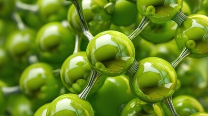 Complex molecular structure with spherical particles. Futuristic technology style. Generative AI. Illustration for banner, poster, cover, brochure or presentation.