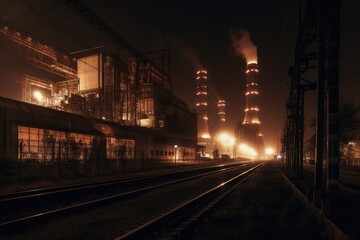 Fototapeta na wymiar Coal-fired power plant at night. Generative AI