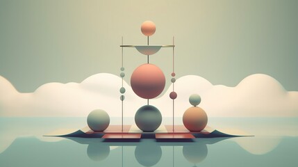 Conceptual image of balance in life. Geometric art installation with a spheres. Modern minimal design. Generative AI. Illustration for brochure, poster, cover, presentation or banner.