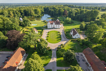 Sweden, Wanas – July 8, 2023: Aerial view of a beautiful ancient castle