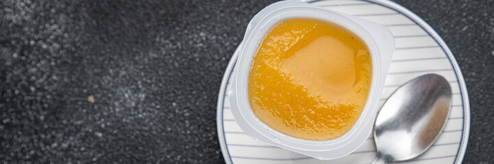 fruit puree portion apple, pear fruit no sugar meal food snack on the table copy space food background rustic top view 