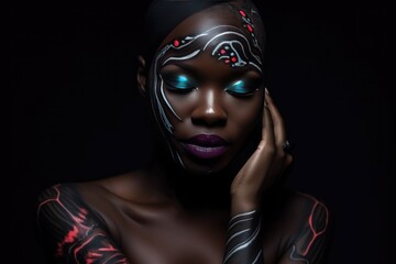 Beautiful African woman with black skin body art. Generative AI