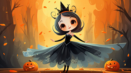 painting style illustration cute Halloween witch princess wearing beautiful gown walking in autumn forset, Generative Ai