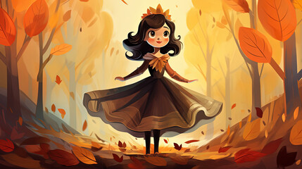 cute Halloween princess wearing beautiful gown walking in autumn forset, Generative Ai