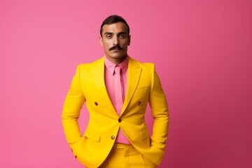 Confident handsome Caucasian stylish man professional guy male model in trendy yellow suit with mustache businessman CEO isolated against pink wall background backdrop style fashion business success